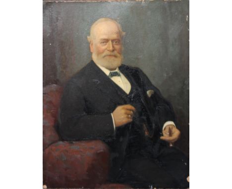 AN EARLY 20TH CENTURY PORTRAIT STUDY OF A SEATED GENTLEMAN WITH CIGAR, unsigned, oil on paper laid on panel, unframed, 36 x 2