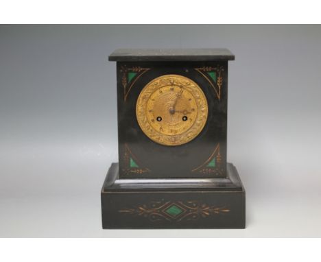 A 19TH CENTURY FRENCH MARBLE AND MALACHITE INLAID MANTLE CLOCK , movement stamped 'St Marc Paris', H 28 cm