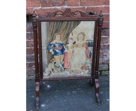 A VICTORIAN ROSEWOOD GLAZED FIRESCREEN, with inset tapestry panel depicting children, H 83 cm, W 59 cm