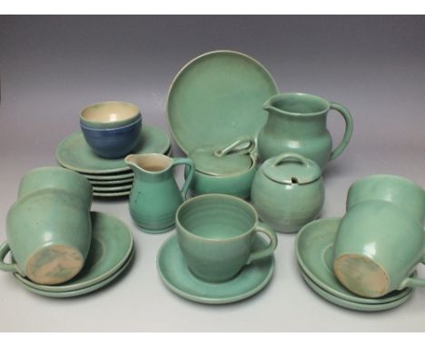 A COLLECTION OF UPCHURCH STUDIO POTTERY TEA AND DINNER WARE, to include cups, saucers, side plates, jug and lidded preserve e