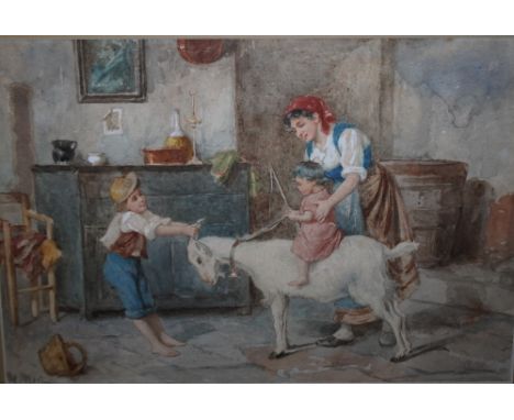 M MORI (XX). Children playing with a goat, signed lower left, watercolour, gilt framed and glazed, 20.5 x 30.5 cm