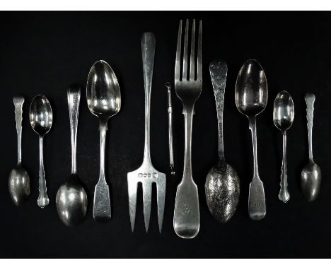 Various hallmarked silver spoons and forks, together with a cocktail swizzle stick, weight 9.30oz approx.&nbsp;