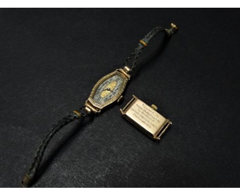 A 9ct. gold cased early 1930s/40s manual wind cocktail watch with silvered 13mm dial, with fifteen jewel movement, together w