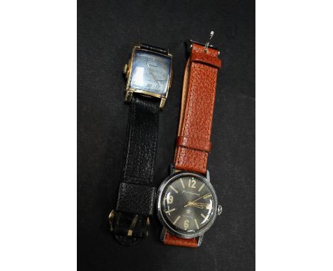 A manual wind wristwatch within square gold plated case, the square 21mm silvered dial with gilt Arabic numerals and subsidia