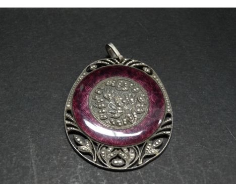 A 935 silver purple guilloche enamel marcasite set pendant, foliate carved and the edge pierced with milligrain borders, leng