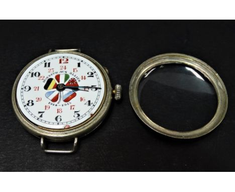 A rare WWI Roskopf trench lug watch within nickel case, the 34mm white enamel dial with Arabic numerals and a central painted