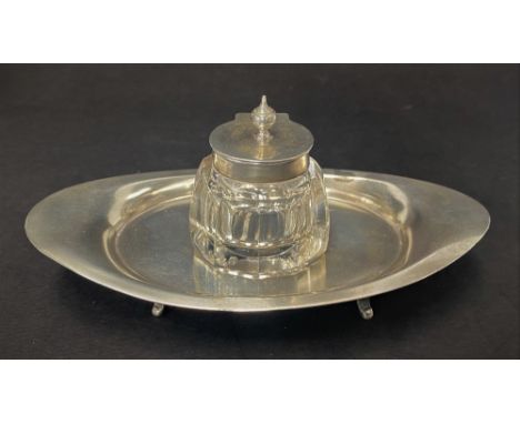 A Victorian silver inkstand with faceted cut glass hinge lidded inkwell by Charles and George Asprey, London 1901, weight of 