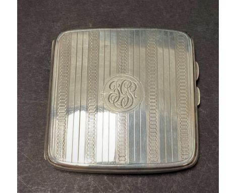 A George V silver engine turned cigarette case, width 8.5cm, Birmingham 1923, weight 3.50oz approx. 