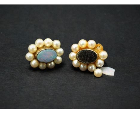 A pair of 9ct. gold screw back earrings set with pearls and an opal doublet (one AF), weight 5.8g approx. 