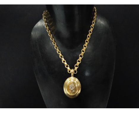 A Victorian 18ct. gold five stone diamond set pendant locket upon 9ct. gold choker necklace, the pendant lid inset with five 