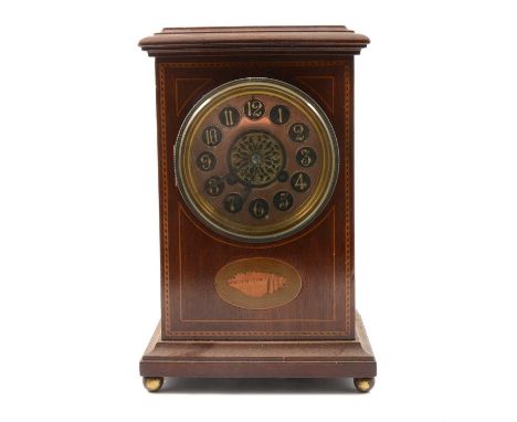 Edwardian inlaid mahogany mantel clock, the case shell inlaid, circular dial, cylinder movement striking on a gong stamped A 