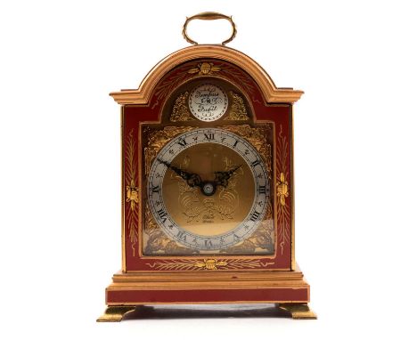 Elliott 8-day mantle clock, red Chinoiserie case, arched brass dial, 21cm.