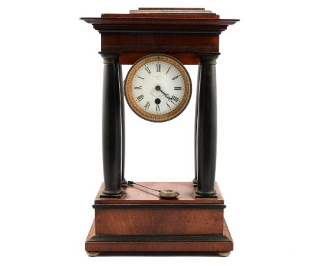 Charles X mahogany and ebonised portico clock, circular enamelled dial indistinctly signed and inscribed Aylesbury &amp; Wick