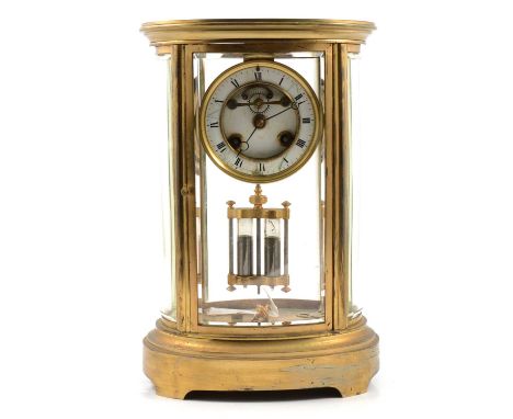 French oval four glass mantel clock,, brass case, enamelled dial (cracked) with visible escapement, cylinder movement stamped