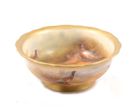 A Royal Worcester circular bowl, 1924, signed by James Stinton, shaped gilt outlines, painted to interior and exterior with p