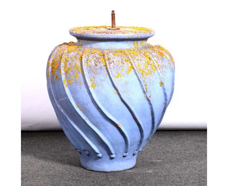 Large terracotta lamp base, painted blue, 50cm; and an earthenware twin-handled planter, 35cm.