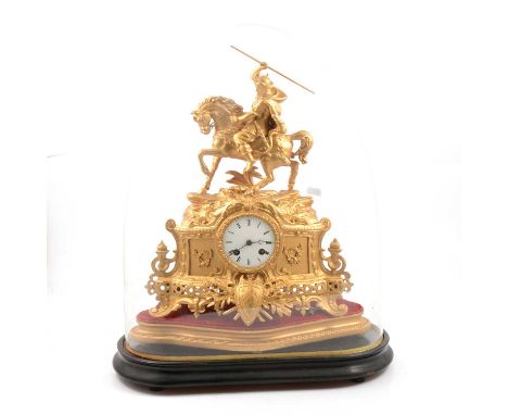 French gilt spelter mantel clock, the case surmounted by an equestrian figure, circular enamelled dial, cylinder movement wit