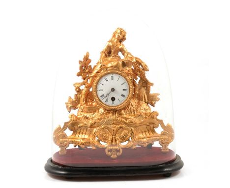 French gilt painted spelter mantel clock, the case surmounted by a grape harvester, enamelled dial, timepiece cylinder moveme