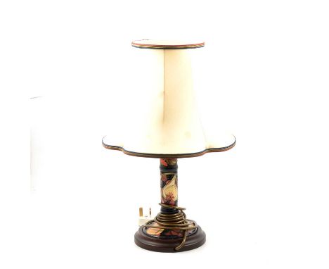A Moorcroft Pottery lamp and shade, 'Queens Choice' pattern designed by Emma Bossons, slender column form, 45.5cm.