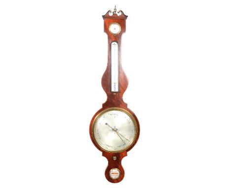 Victorian mahogany banjo barometer, the case with boxwood and ebony stringing, silvered dials, signed C Tarelli, Northampton,