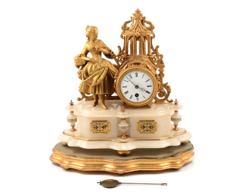 French gilt metal and alabaster mantel clock, the case modelled with a girl carrying a flower basket, circular enamelled dial