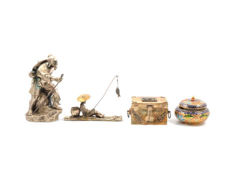 A metal figure of a Japanese fisherman, four character mark to base, 20cm; small metal pedestal bowl, peacock and dragon deco
