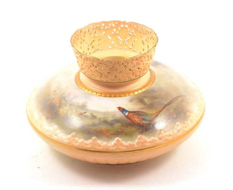 A Royal Worcester pierced vase, 1906, signed by James Stinton, compressed circular form with broad pierced collar, painted wi