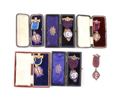 Six silver and enamel masonic jewels for the Independent Order of Odd Fellows, including two Manchester Unity 1810-1910, two 