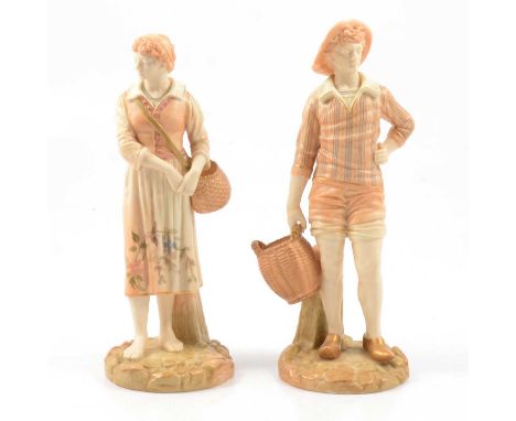 A pair of Royal Worcester French fisherman and companion figurine, by James Hadley, blush ivory, date marks for 1895, 21cm an