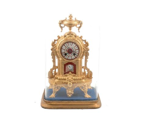 French gilt spelter mantel clock, inset with painted porcelain panels, circular dial, Vincenti cylinder movement striking on 