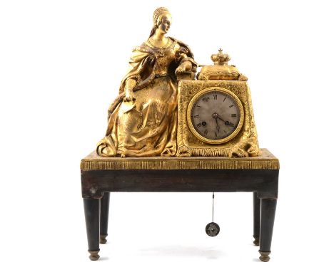 Gilt spelter 'Queen's Coronation' shelf clock, circular silvered dial, cylinder movement striking on a bell, indistinctly sta