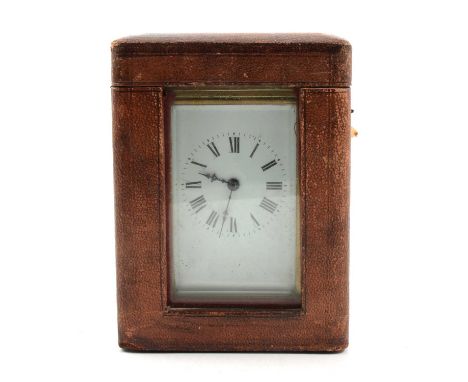 French brass cased carriage clock, rectagullar enamelled dial, timepiece movement stamped R&amp;Co, in a Morocco travel case,