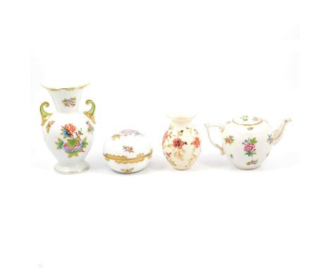 A Herend Hungary twin-handled vase with branch and butterfly decoration; crescent-shaped bowl; lidded trinket dish; teapot, d