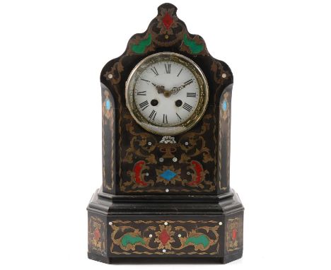 Charles X black lacquered brass inlaid and enamelled mantel clock, shaped pediment, circular eamelled dial, cylinder movement