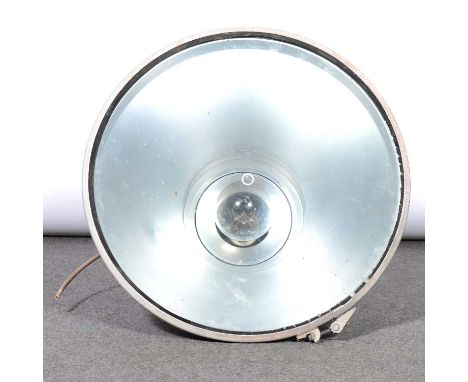 A large industrial Benjamin Focaset pendant floodlight, grey finish, height including bracket 66cm, diam 53cm, in need of com