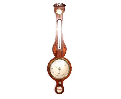 George IV mahogany banjo-shape barometer, the case with shell inlay, silvered dials, signed C Schalfini, Taunton, 99cm.