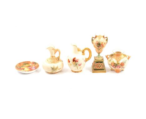 FIve pieces of Royal Worcester blush ivory ware including, anurn on a pedestal base painted with thistle heads, 16.5cm; a twi