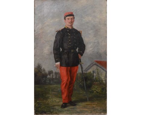 French School, French Infantry Officer, late 19th century,full length portrait, unsigned, oil on canvas,76x47cm.