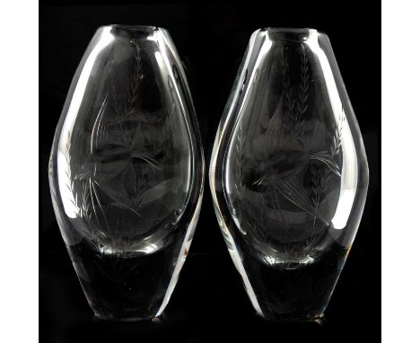 A Mats Jonasson glass intaglio paperweight of a Viking longboat, signed, 7.5cm x 11cm; a pair of Orrefors style vases, decora