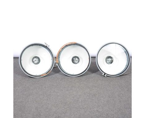 Three R.E.A.L. industrial bracket lights, grey finish, height including bracket 45cm, diam 31cm, all in need of complete refu
