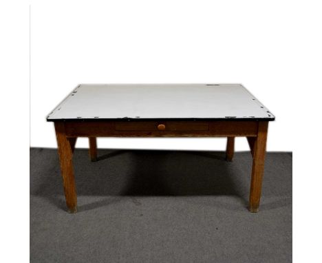 Enamel top table kitchen table, the rectangular white enamelled top on a pine frame with single frieze drawer, width 152.5cm,