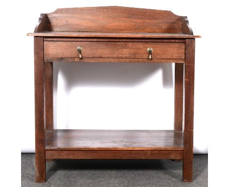 Victorian pine washstand, rectangular top with three quarter gallery, frieze drawer, the legs joined by a shelf, width 83cm, 