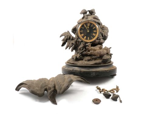 French spelter mantel clock, the case with eagle surmount (broken) and animals, oval marble plinth, legs damaged, circular di