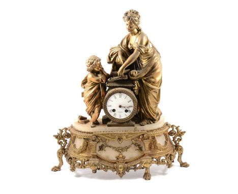 French gilt metal and alabaster mantel clock, modelled with a classical maiden and attendant, circular enamelled dial signed 