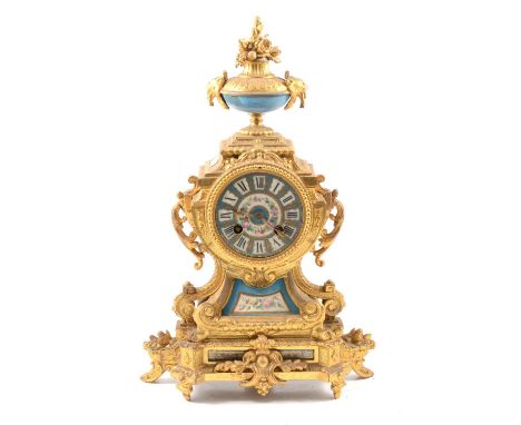 French gilt spelter mantel clock, the case with urn surmount and scrolls, Sevres style porcelain panels inset, cylinder movem