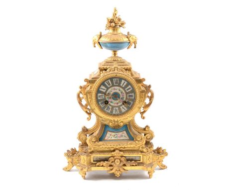 French gilt spelter mantel clock, the case with urn surmount and scrolls, Sevres style porcelain panels inset, cylinder movem