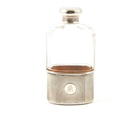 A glass and silver hip flask, Asprey &amp; Co Ltd, London 1913, engine-turned decoration to cup, gilt interior, glass body br