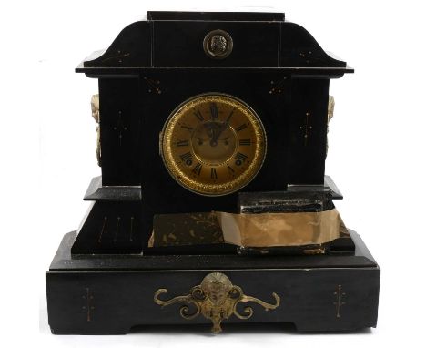 Victorian slate mantel clock, the case with gilt metal mount, circular dial with visible escapement, Ansonia movement, 45cm.