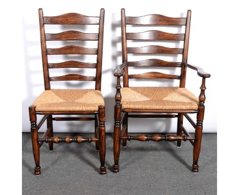 Reproduction oak refectory table, boarded top with cleated ends, length 186.5cm, width 91cm, height 77cm; and six modern ladd
