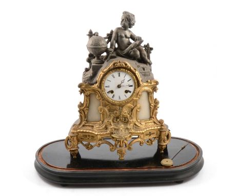 French gilt spelter mantel clock, the case with cherub mount and alabaster panels, circular enamelled dial signed Azur A Pari